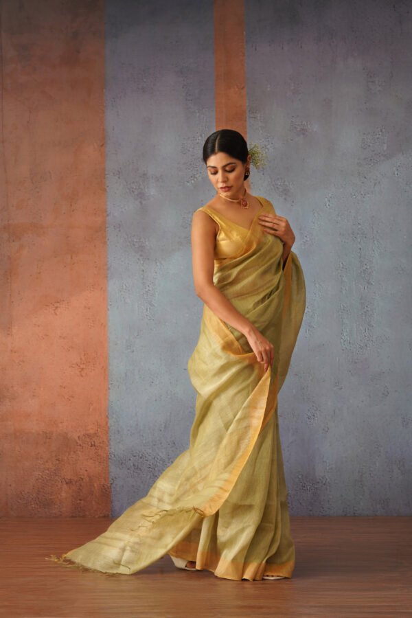 Olive Green Linen Silk Sari with Golden Zari - Image 4