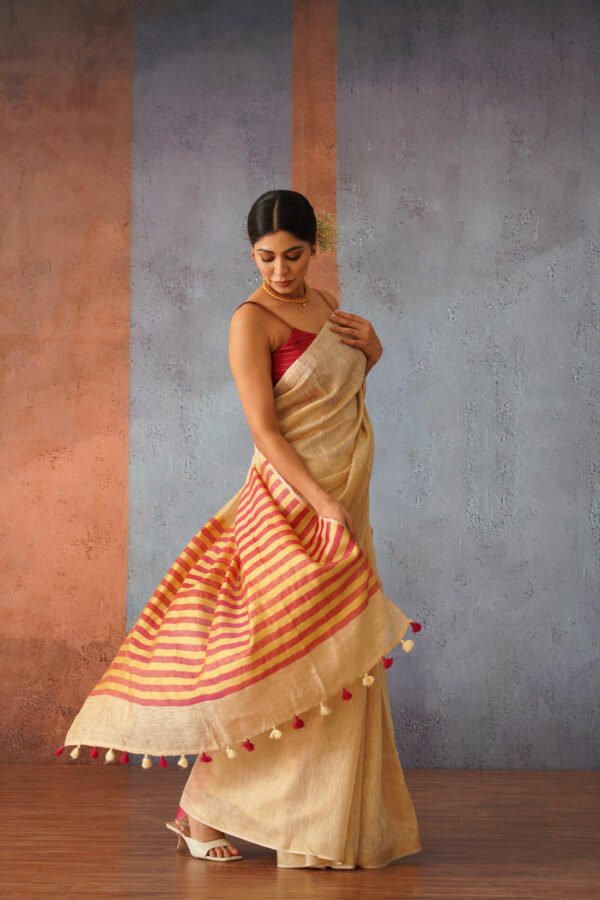 Beige Tissue Linen Sari with Red Gold Stripe Pallu - Image 2