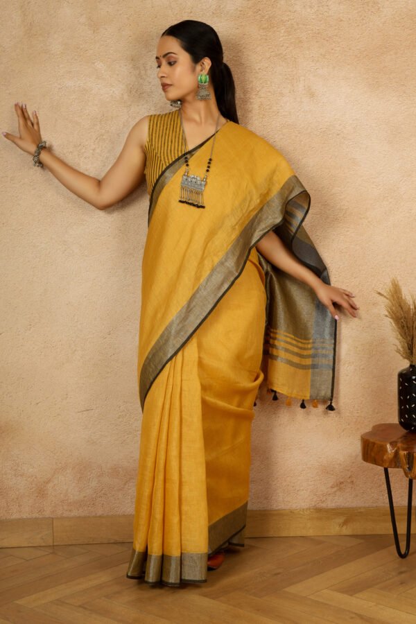 Damini Mustard Linen Sari with Striking Grey Zari pallu - Image 4