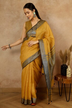 Damini Mustard Linen Sari with Striking Grey Zari pallu