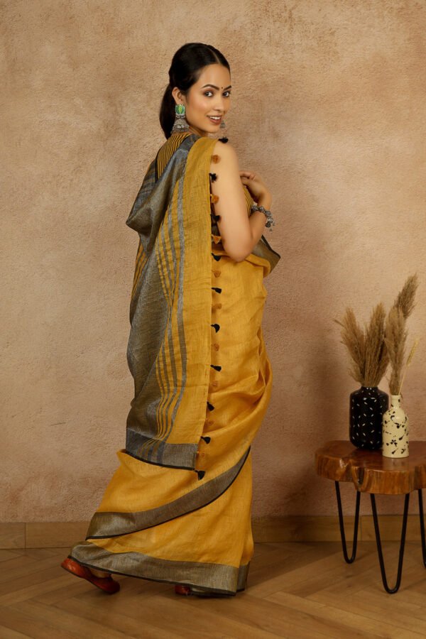 Damini Mustard Linen Sari with Striking Grey Zari pallu - Image 2
