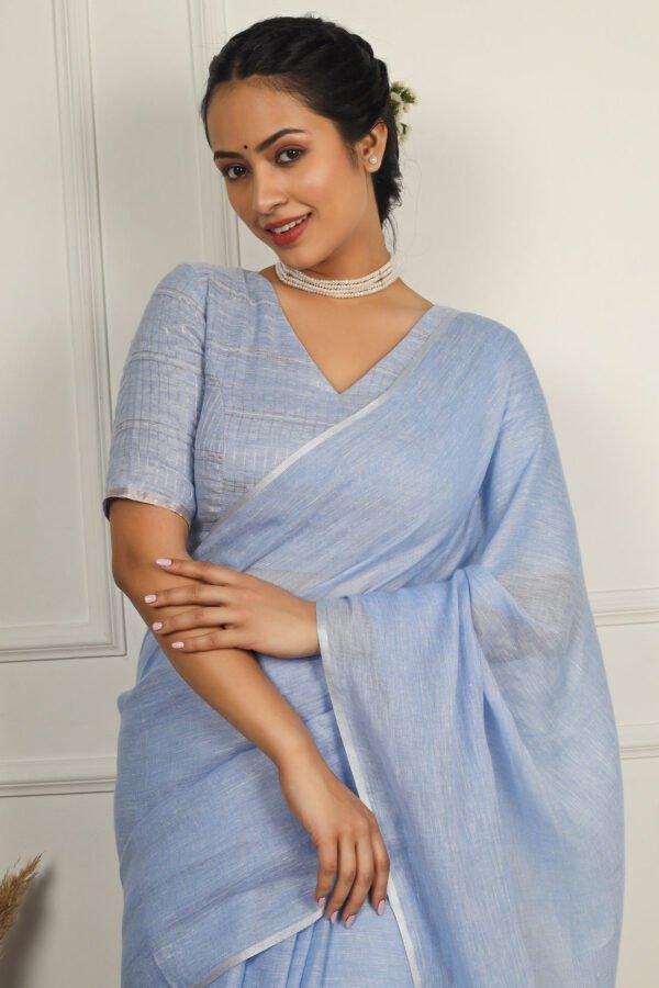 Falguni Powder Blue Solid Linen Sari - Image 2