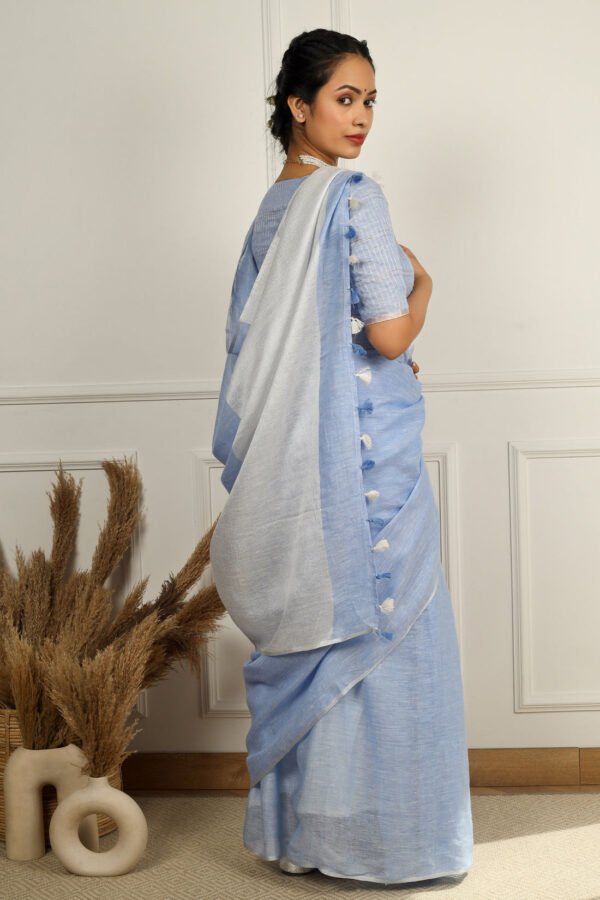 Falguni Powder Blue Solid Linen Sari - Image 3