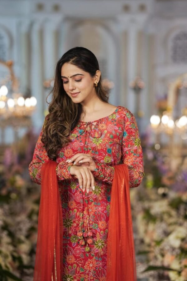 Dhara orange heavy kurta-palazzo set - Image 2