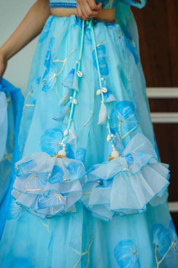 blue glow handpainted organza lehenga choli set - Image 2
