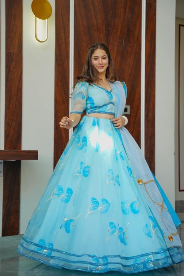 blue glow handpainted organza lehenga choli set - Image 4