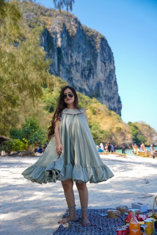 Sage green satin dress - Image 3