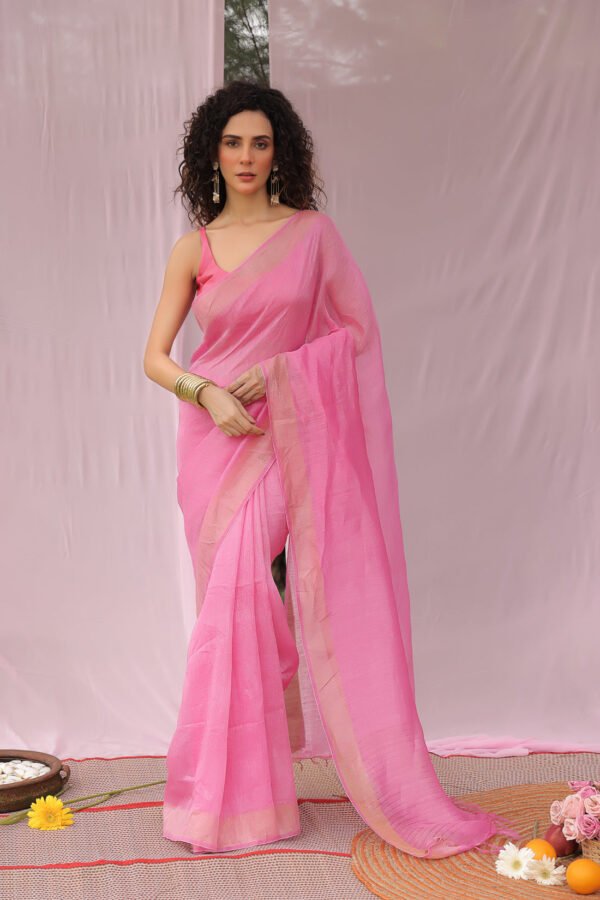 Surmai Pastel Pink Linen Silk Saree - Image 3