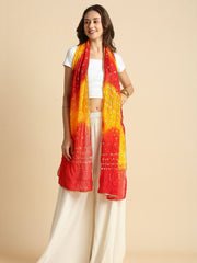 Red & Yellow Bandhini Blended Silk Stole with Gold Border