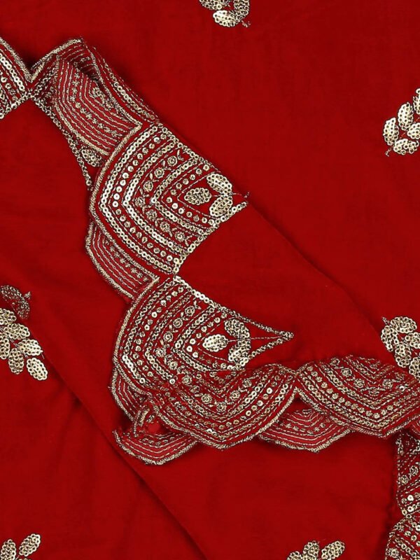 Embroidered Red Velvet Dupatta with Scalloped Borders - Image 4