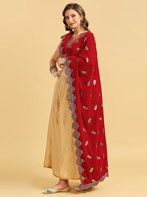 Embroidered Red Velvet Dupatta with Scalloped Borders - Image 3