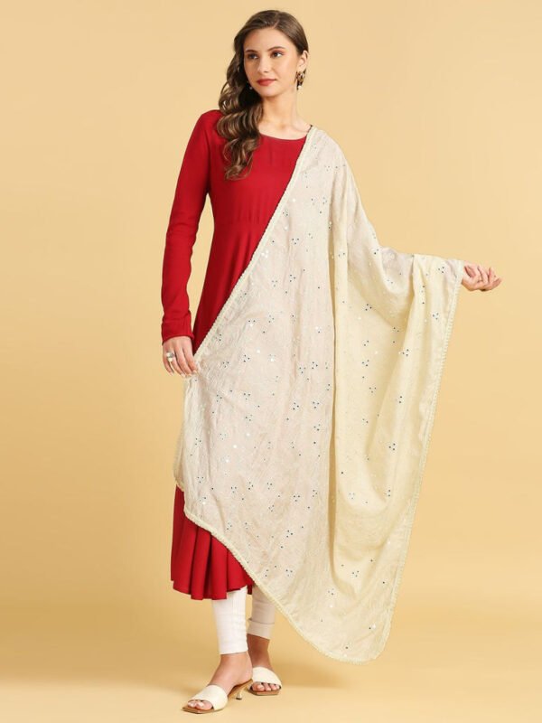 Pure Cotton Embroidered Dupatta with Mirror Work. - Image 4