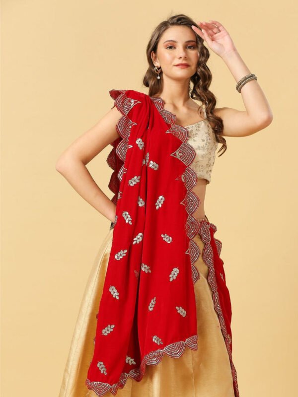 Embroidered Red Velvet Dupatta with Scalloped Borders - Image 2