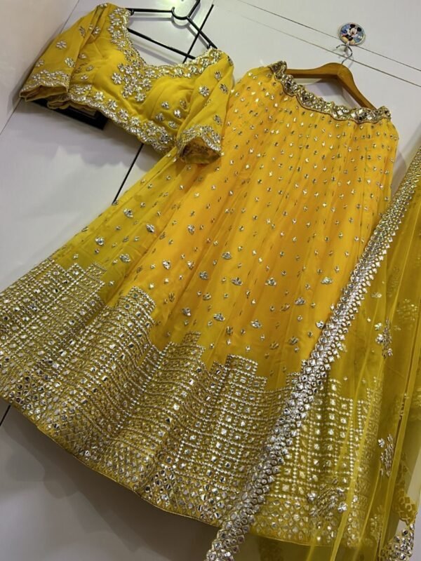 Elegant Yellow Paper-Mirror Work Georgette Special Occasion Lehenga Choli - Image 4