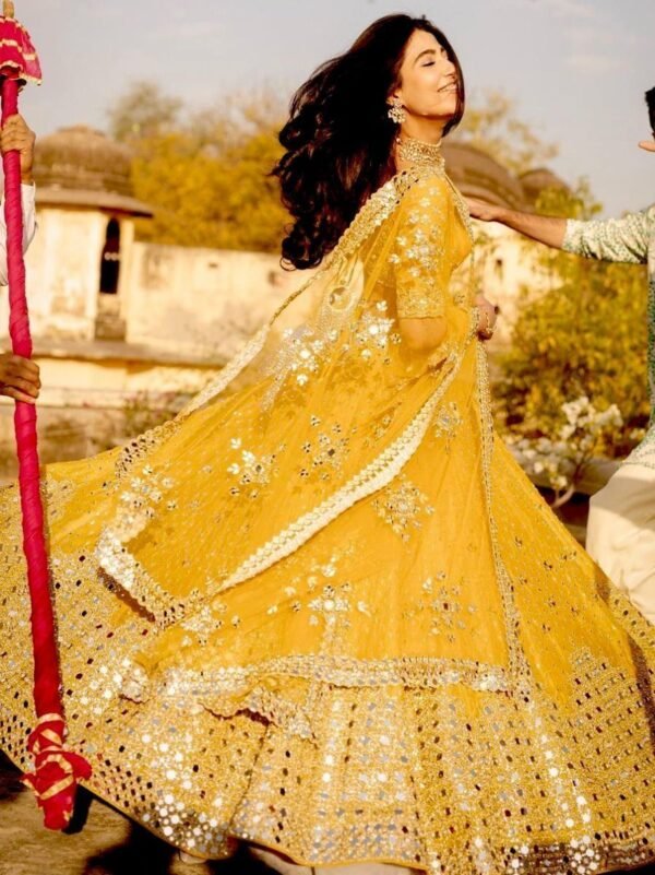 Elegant Yellow Paper-Mirror Work Georgette Special Occasion Lehenga Choli - Image 2