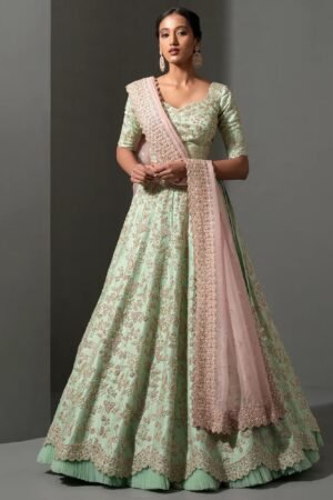 Charming Pista Green Thread Work Silk Wedding Wear Lehenga Choli