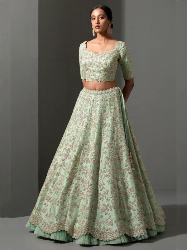 Charming Pista Green Thread Work Silk Wedding Wear Lehenga Choli - Image 4