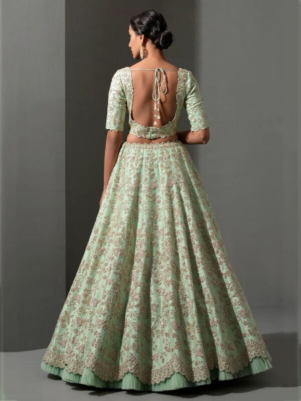 Charming Pista Green Thread Work Silk Wedding Wear Lehenga Choli - Image 3