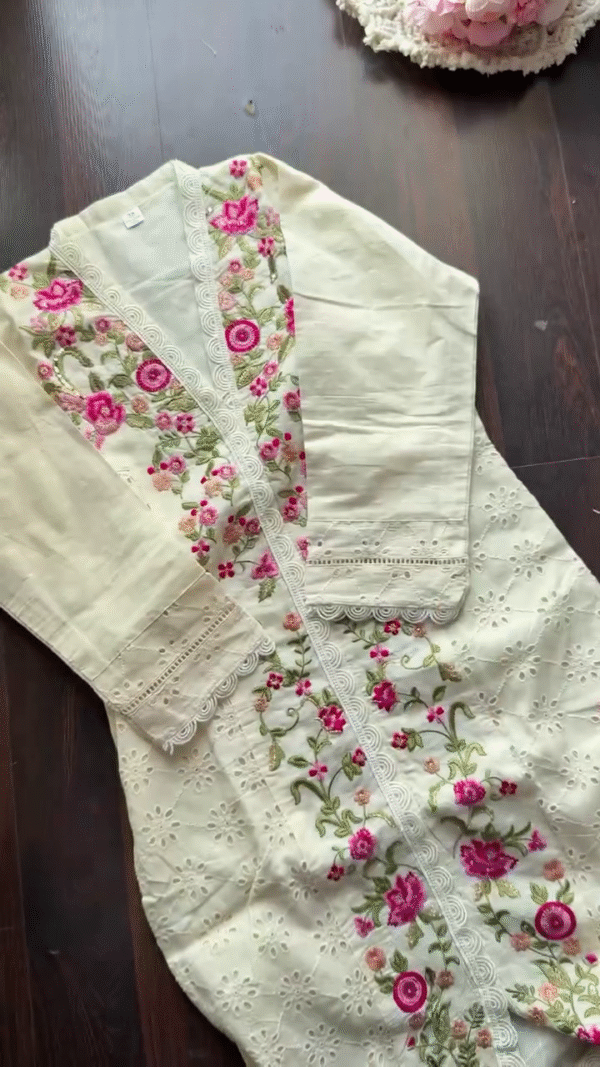 Off-White Cotton Kurta Set with Intricate Multicolor Floral Embroidery, Eyelet Detailing, and Matching Dupatta – Bestselling Ethnic Wear for Festive and Casual Occasions - Image 2