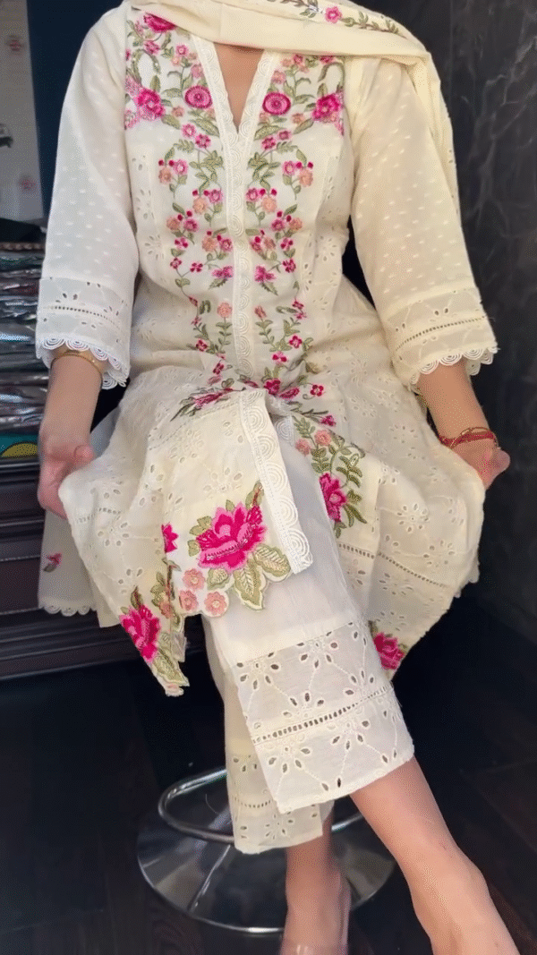 Off-White Cotton Kurta Set with Intricate Multicolor Floral Embroidery, Eyelet Detailing, and Matching Dupatta – Bestselling Ethnic Wear for Festive and Casual Occasions - Image 3
