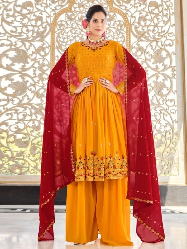 Mustard Embroidered Partywear Sharara-Style-Suit - Image 2