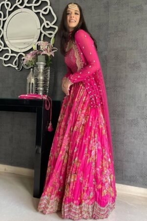 Attractive Pink Printed Georgette Silk Party Wear Lehenga Choli
