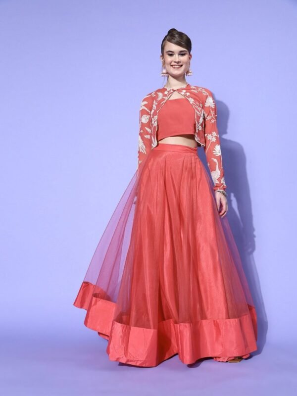 Women Beautiful Peach Embellished Top with Solid Skirt