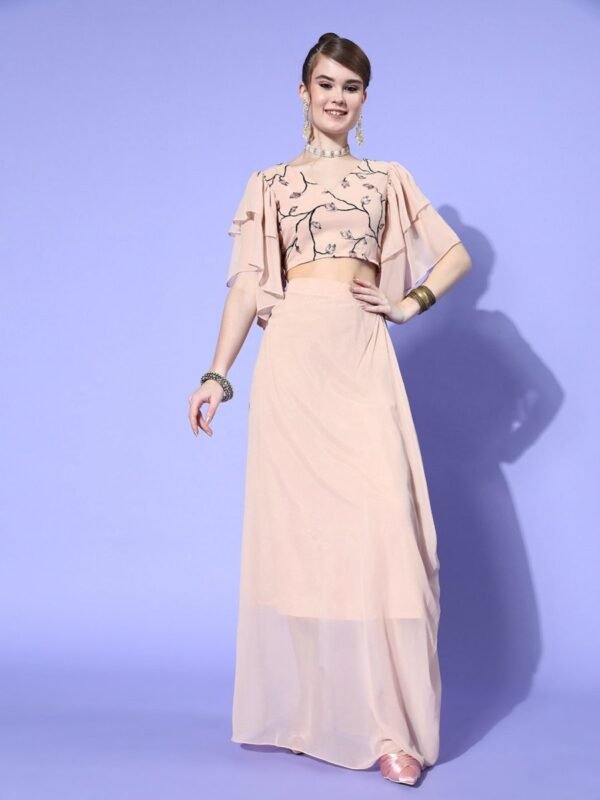 Women Cream Embellished Top with Solid Skirt - Image 2