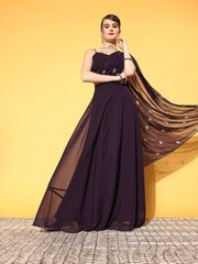 Women Deep Wine Embroidered Draped Dupatta with Top & Skirt