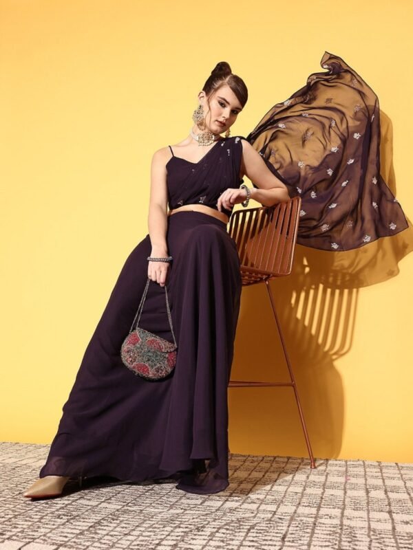 Women Deep Wine Embroidered Draped Dupatta with Top & Skirt - Image 2