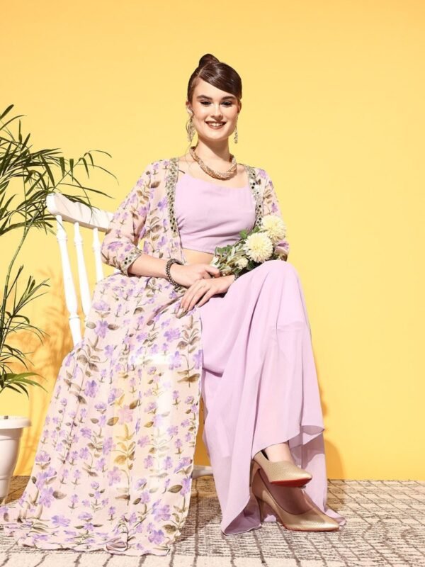 Women Elegant Lavender Printed Top with Solid Skirt - Image 2
