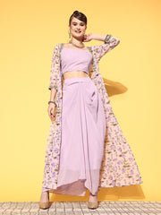 Women Elegant Lavender Printed Top with Solid Skirt