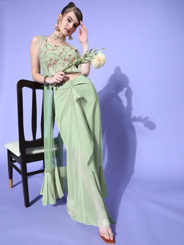 Women Gorgeous Green Self-Design Top with Solid Skirt - Image 2