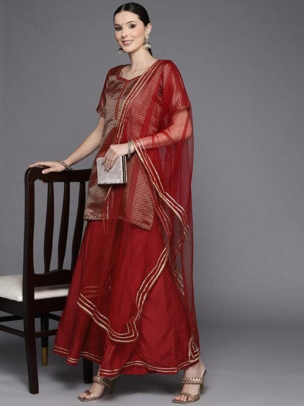 Women Maroon Gotta Patti Kurta with Sharara & With Dupatta - Image 2