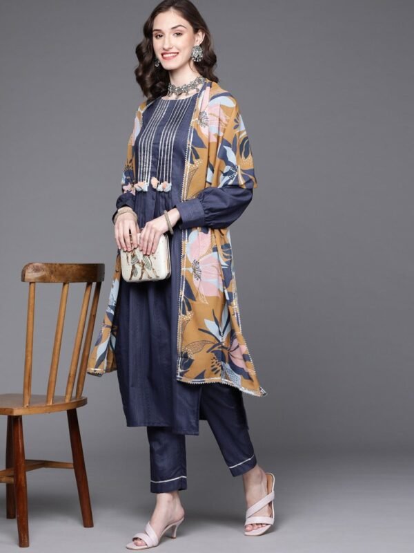 Women Navy Blue Gotta Patti Kurta with Trousers & With Dupatta - Image 2