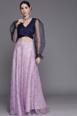 Women Navy Blue & Lavender Floral Printed Co-Ord Set