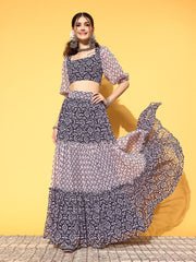 Women Navy Blue Printed Top with Skirt