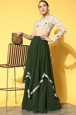Women Off White & Green Embroidered One Shoulder Top With Skirt