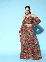 Women Printed Ruffles & Flounces Top With Skirt