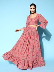 Women Printed Ruffles & Flounces Top With Skirt