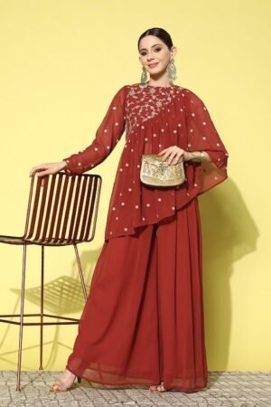 Zari Embroidered Georgette Top with Palazzos