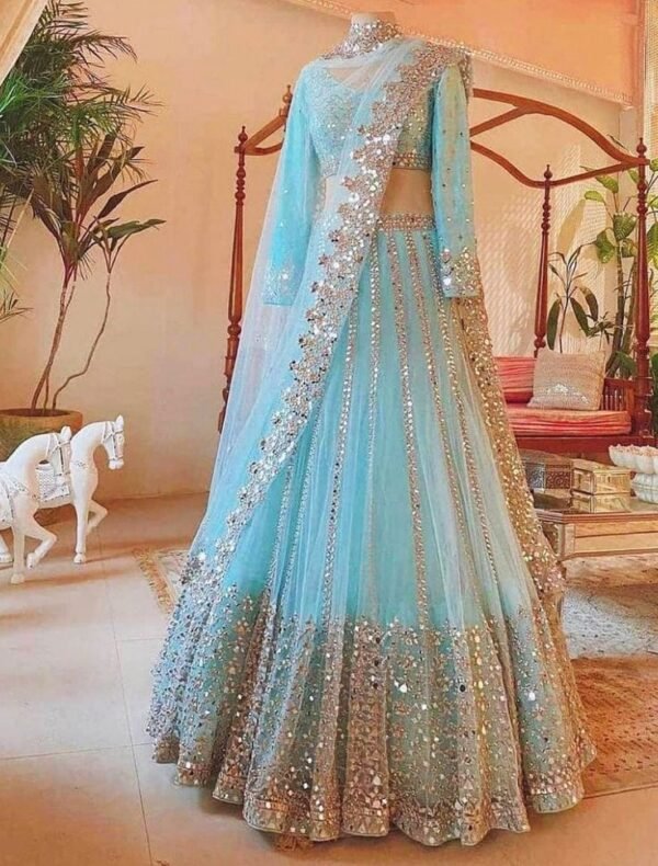 Sky Blue Foil Work Net Party Wear Lehenga Choli - Image 2