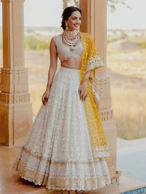 Kiara Advani Inspired White Embroidered Georgette Bridal Lehenga Choli - Image 2