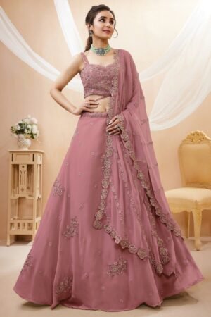 Attractive Dusty Pink Sequins Georgette Party Wear Lehenga Choli