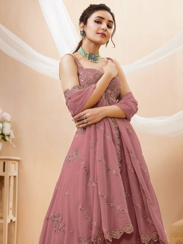 Attractive Dusty Pink Sequins Georgette Party Wear Lehenga Choli - Image 3