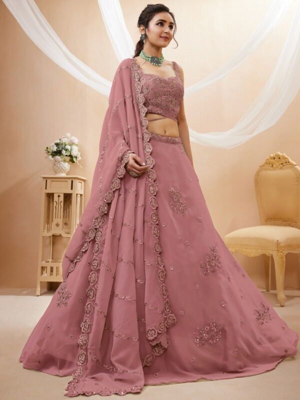 Attractive Dusty Pink Sequins Georgette Party Wear Lehenga Choli - Image 2