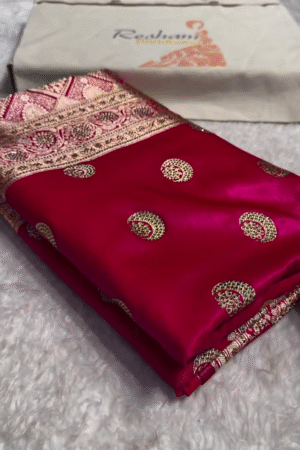 Wine Pink Banarasi Silk Saree with Rich Golden Zari Woven Circular Butta Motifs and Intricately Designed Traditional Floral Brocade Border for Festive and Wedding Wear