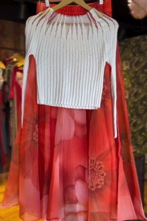 Elegant White Pleated Rhinestone Embellished Knit Crop Top Paired with Flowing Red and Pink Floral Printed Organza Skirt – Stylish Contemporary Fusion Set for Festive or Casual Wear