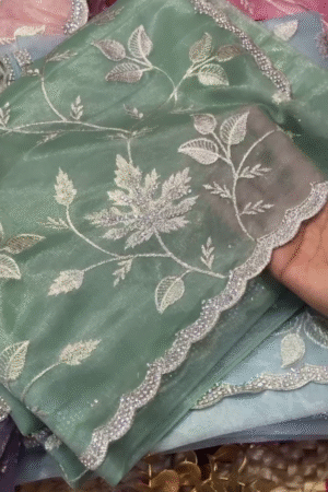 Premium Soft Organza Saree in Elegant Pastel Shades with Delicate Silver Leaf Embroidery and Scalloped Borders – Ideal for Ethnic Wear, Festive Looks, and Elegant Gifting Options
