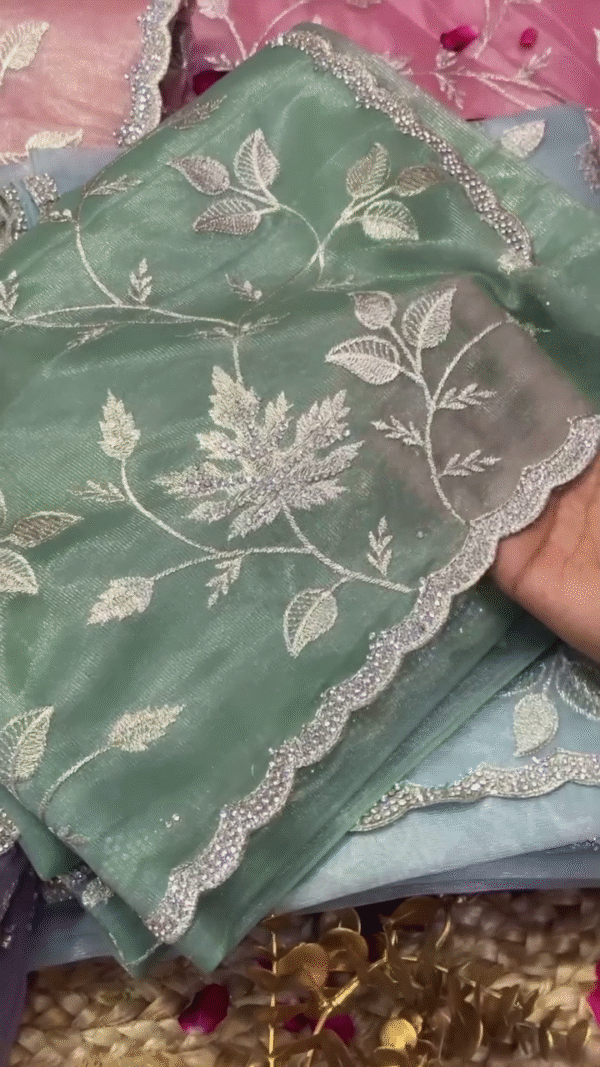 Premium Soft Organza Saree in Elegant Pastel Shades with Delicate Silver Leaf Embroidery and Scalloped Borders – Ideal for Ethnic Wear, Festive Looks, and Elegant Gifting Options